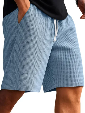 Men Casual Shorts Waffle Knit Relaxed Fit Summer Drawstring Shorts Beach Sports Wear Comfortable Polyester Bottom For Men