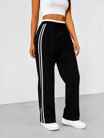 Women High Waist Wide Leg Sweatpants Side Stripe Casual Sports Pants Loose Drawstring Lounge Trousers Bottom For Spring Autumn