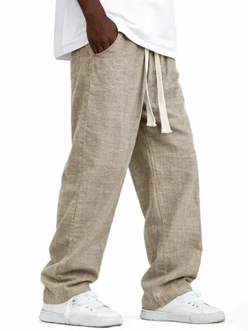 Men Casual Linen Straight Leg Pants Summer Thin Cotton Linen Trousers American Trend Plus Size Drawstring Waist Sweatpants