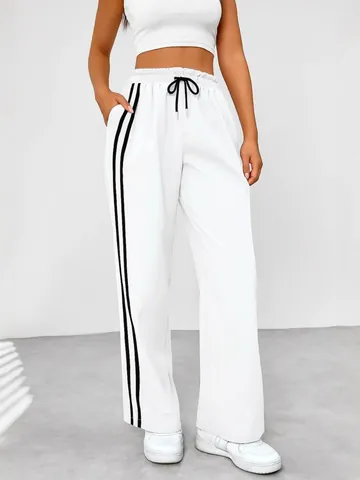 Women High Waist Wide Leg Sweatpants Side Stripe Casual Sports Pants Loose Drawstring Lounge Trousers Bottom For Spring Autumn