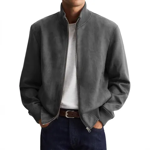 Men Business Casual Polyester Spandex Jacket Long Sleeve Wrinkle Resistant Stand Collar Zipper Sport Outerwear Top For Spring