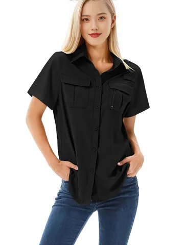 Women Quick Dry Elastic Short Sleeve Shirt Outdoor Multi Pocket Breathable UV Protection Hiking Fishing Button Up Top