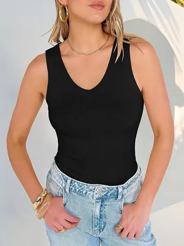 Women's V Neck Ribbed Knit Tank Top Sleeveless Slim Fit Basic Casual Summer Polyester Ribbed Vest Top