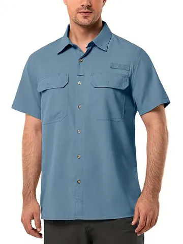 Men Casual Quick Dry Short Sleeve Cargo Shirt Breathable Lapel Button Up Top With Multi Pockets Solid Color Work Shirt