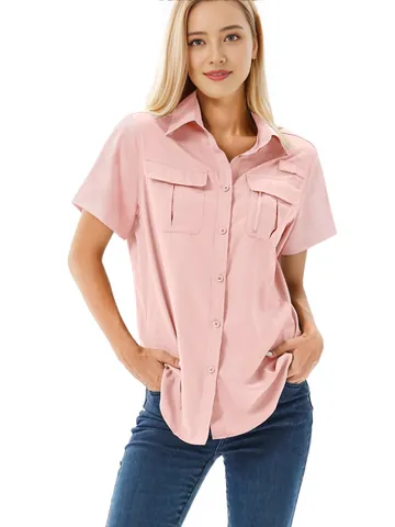 Women Quick Dry Elastic Short Sleeve Shirt Outdoor Multi Pocket Breathable UV Protection Hiking Fishing Button Up Top
