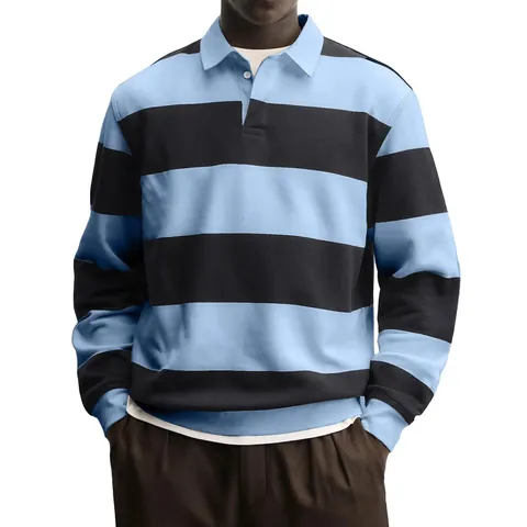 Herren Casual Langarm Gestreift Farbblock Revers Knopf Polo T-Shirt Baumwollmischung Locker Sweatshirt Rugby Top