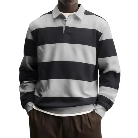 Herren Casual Langarm Gestreift Farbblock Revers Knopf Polo T-Shirt Baumwollmischung Locker Sweatshirt Rugby Top
