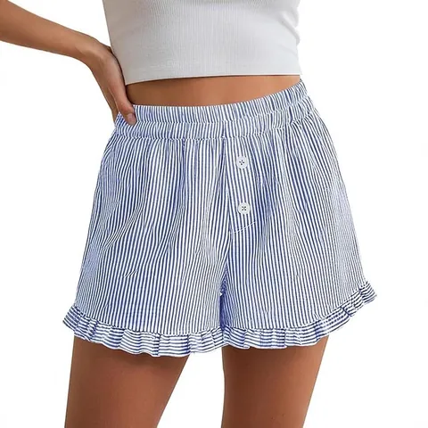 Women Y2K Ruffle Hem Striped Lounge Shorts Summer Casual Beach Pajama Shorts With Pockets Polyester Spandex Elastic Waist Bottom