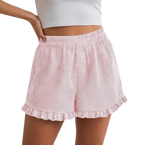 Women Y2K Ruffle Hem Striped Lounge Shorts Summer Casual Beach Pajama Shorts With Pockets Polyester Spandex Elastic Waist Bottom