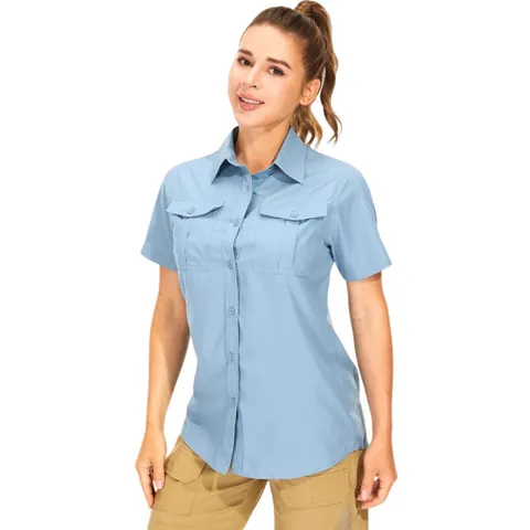 Women Outdoor Quick Dry Short Sleeve Shirt UPF 50+ Sun Protection Cargo Hiking Blouse With Pockets Breathable Lightweight Top