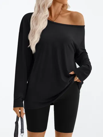 Damen Schulterfrei Langarm T-Shirt Locker Asymmetrischer Ausschnitt Casual Einfarbig Pullover Top Mode Freizeit Kleidung