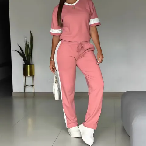Completo Casual da Donna in Poliestere Top E Bottom Con Strisce Laterali a Contrasto Maglietta a Maniche Corte E Pantaloni Lunghi