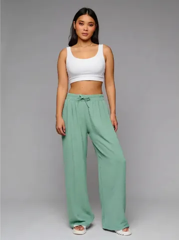 Women High Waist Wide Leg Casual Pants Loose Solid Color Drawstring Trousers Floor Length Drape Texture Summer Bottom