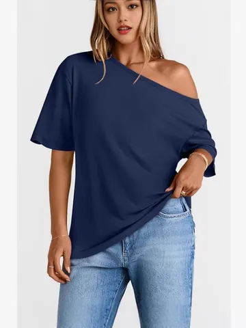 Γυναικείο Casual T-Shirt με Έξω τους Ώμους Κοντό Μανίκι από Μείγμα Βαμβακιού Πολυεστέρα Χαλαρή Εφαρμογή Μονόχρωμο Καλοκαιρινό