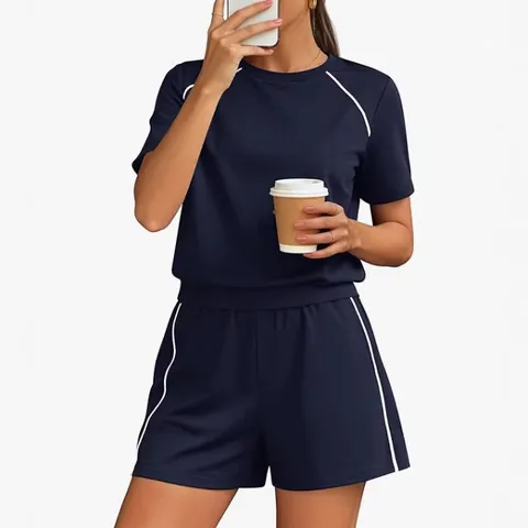 Women Casual Top And Bottom Polyester Piping Trim Short Sleeve T-Shirt And Shorts Vacation Beach Two-Piece Loungewear Outfit