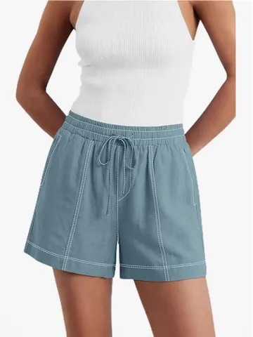 Women's Casual Shorts Elastic Waist Drawstring Summer Contrast Stitching Pockets Solid Color Fashion Bottoms For Daily Beach