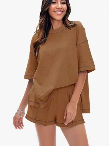 Women Cotton Lounge Top And Bottom Short Sleeve T-Shirt And Drawstring Shorts Casual Sporty Tracksuit With Topstitching Detail Summer Daily Wear