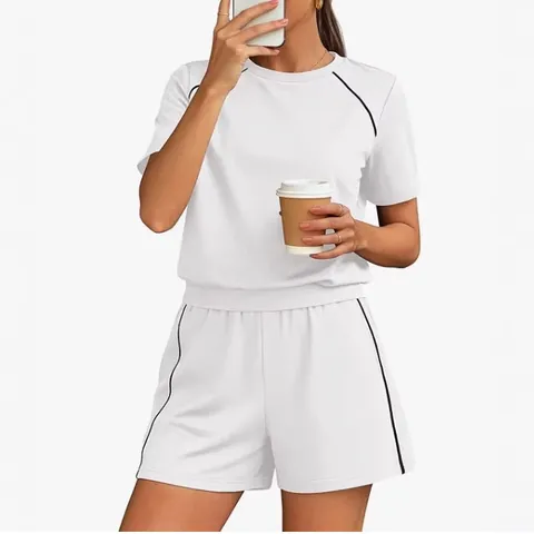 Women Casual Top And Bottom Polyester Piping Trim Short Sleeve T-Shirt And Shorts Vacation Beach Two-Piece Loungewear Outfit