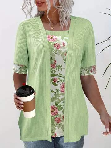 Camiseta de Verano para Mujer Falso Dos Piezas de Punto de Canalé con Estampado Floral Patchwork Top Manga Corta Elegante