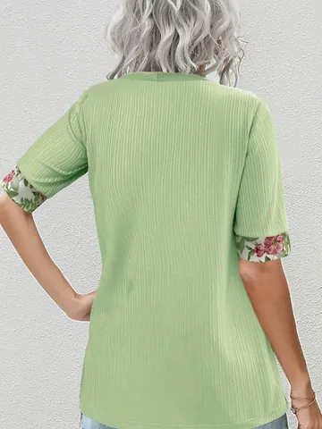 Camiseta de Verano para Mujer Falso Dos Piezas de Punto de Canalé con Estampado Floral Patchwork Top Manga Corta Elegante