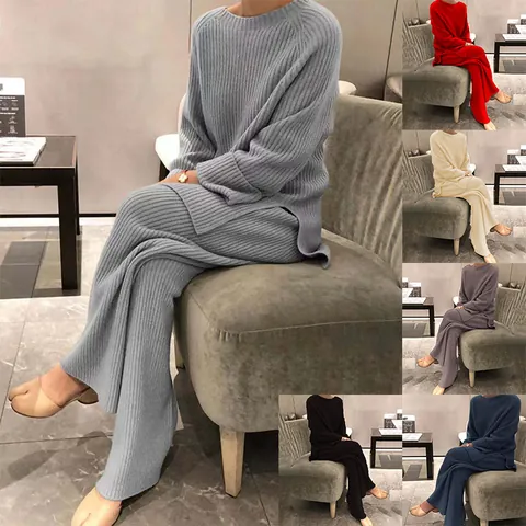 Dames Casual Wolmix Gebreide Top And Bottom Geribbelde Trui Wijde Pijpen Broek Tweedelig Set Lange Mouwen Ronde Hals Loungewear