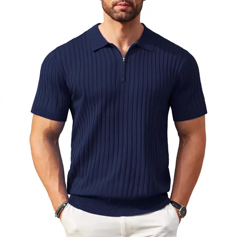 Herren Sommer Casual Kurzarm Poloshirt Reißverschlusskragen Gerippte Stricktextur Slim Fit Einfarbig Top Modische Leichte Kleidung