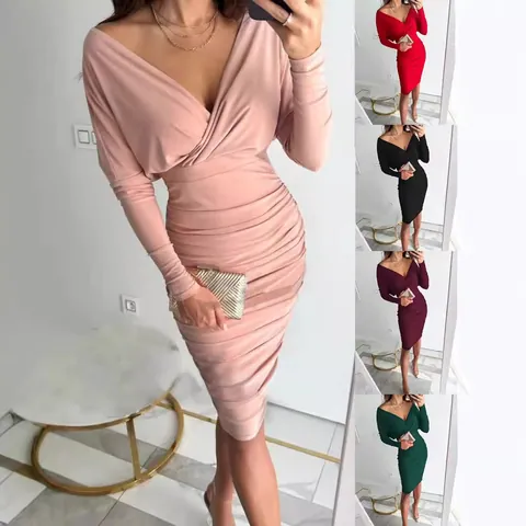 Women Sexy V-Neck Ruched Bodycon Dress Elegant Solid Color Long Sleeve Slim Fit Autumn Winter Midi Party Dress