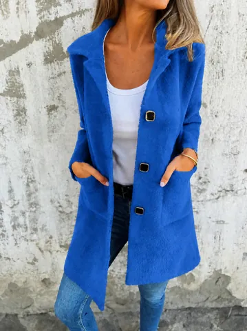 Women Mid-Length Lapel Single-Breasted Coat Polyester Spandex Solid Color Outerwear With Pockets Autumn Winter Casual Top