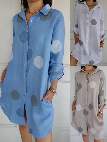 Women Elegant V Neck Long Sleeve Button Down Polka Dot Printed Shirt Dress Cotton Linen Midi Casual Daily Dress With Pockets