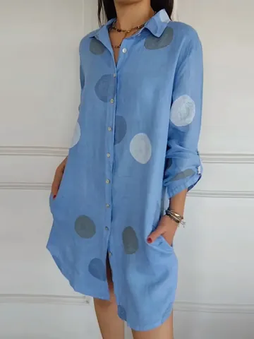 Women Elegant V Neck Long Sleeve Button Down Polka Dot Printed Shirt Dress Cotton Linen Midi Casual Daily Dress With Pockets