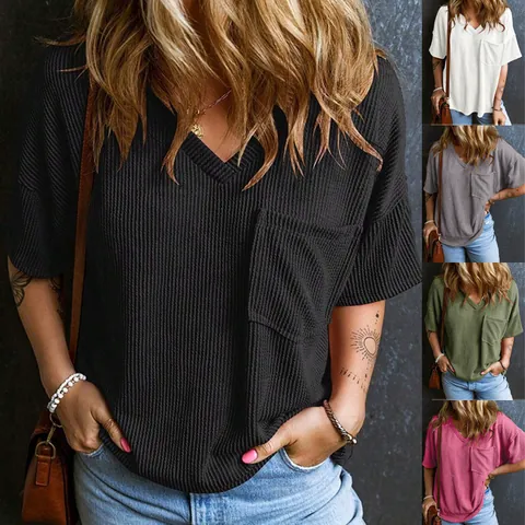 Top da Donna Casual Scollo a V Manica Corta in Maglia a Nido d'Ape Misto Cotone Poliestere Vestibilità Larga Maglietta Estiva Con Tasca Tinta Unita Streetwear