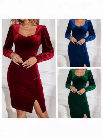Elegant Women Square Neck Velvet Long Sleeve Dress Vintage Mutton Sleeve Slim Fit Side Split Midi A-Line Party Dress Autumn Winter
