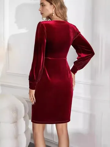 Elegant Women Square Neck Velvet Long Sleeve Dress Vintage Mutton Sleeve Slim Fit Side Split Midi A-Line Party Dress Autumn Winter