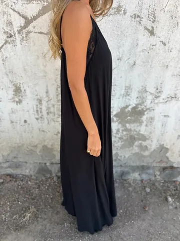 Women Sexy Lace Patchwork V-Neck Cami Maxi Dress Solid Color Sleeveless Spaghetti Strap Nightdress Elegant Summer Long Dress