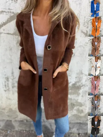 Women Mid-Length Lapel Single-Breasted Coat Polyester Spandex Solid Color Outerwear With Pockets Autumn Winter Casual Top