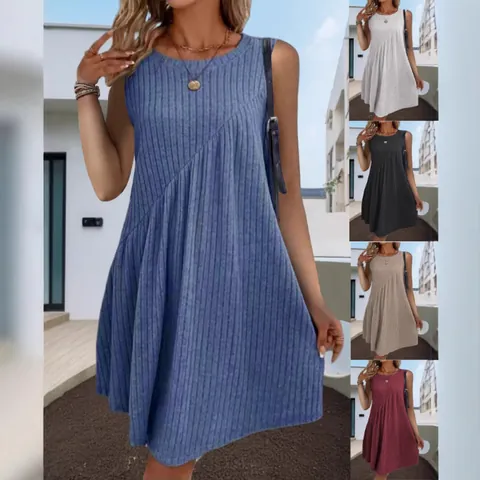 Women Bohemian Sleeveless Midi Dress Brushed Ribbed Solid Color Irregular Hem Round Neck A-Line Casual Summer Beach Dress
