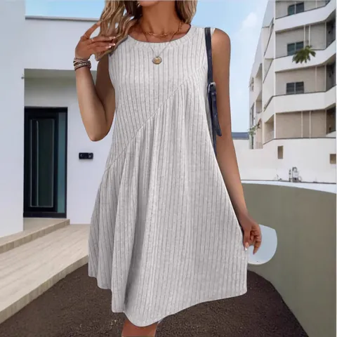 Women Bohemian Sleeveless Midi Dress Brushed Ribbed Solid Color Irregular Hem Round Neck A-Line Casual Summer Beach Dress