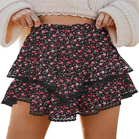 Damen Bohemian High Waist Layered Tiered Ruffle Floral Short Skort Cake Skirt Casual Golf Tennis Bottom