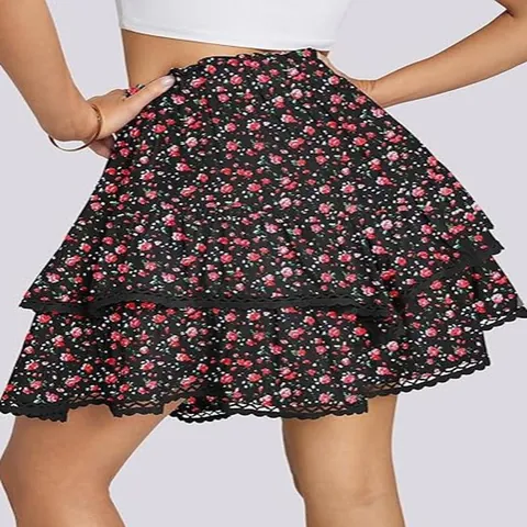 Damen Bohemian High Waist Layered Tiered Ruffle Floral Short Skort Cake Skirt Casual Golf Tennis Bottom
