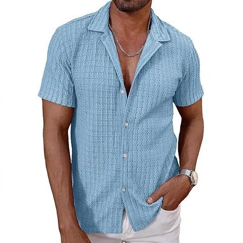 Camisa de Punto de Manga Corta Casual para Hombre Calada Transpirable Solapa con Botones Mezcla de Poliéster Verano