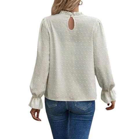 T-shirt Jacquard da Donna in Poliestere Slim Fit Girocollo Manica Lunga Swiss Dot Top con Volant Casual Elegante Abbigliamento Donna Primavera Autunno