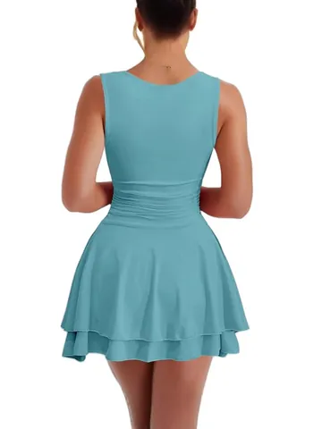 Dames Geplooid Vierkante Hals Mini Jurk Polyester Spandex Mouwloos Gelaagde Zoom Sexy Slim Fit Effen Kleur