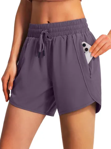 Women Athletic Running Shorts Quick Dry Lightweight Gym Fitness Workout Bottoms With Zipper Pockets High Waist Elastic Drawstring Shorts