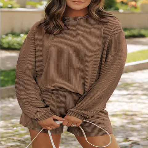 Women Casual Striped Ribbed Loungewear Top And Bottom Long Sleeve Round Neck Shirt And High Waist Shorts Autumn Outfit