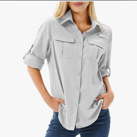 Women's Outdoor Quick Dry Hiking Shirt Polyester Spandex UV Protection Multi Pocket Breathable Roll Up Sleeve Top