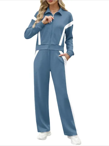 Tuta da Donna in Poliestere Color Block Sportivo Top And Bottom Felpa con Cappuccio e Zip Pantaloni a Gamba Larga Casual