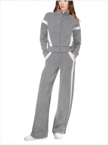 Tuta da Donna in Poliestere Color Block Sportivo Top And Bottom Felpa con Cappuccio e Zip Pantaloni a Gamba Larga Casual