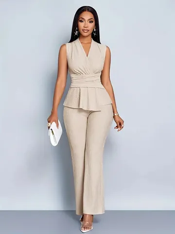 Women Elegant V Neck Sleeveless Irregular T-Shirt And Wide Leg Pants Two Piece Set Solid Color Pleated Formal Summer Outfit