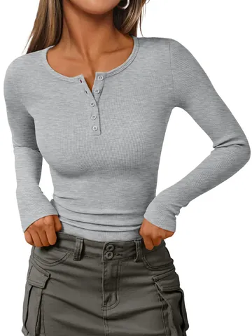 Women Henley V-Neck Ribbed Knit Long Sleeve Top Slim Fit Button Front Solid Color Casual Basic Pullover T-Shirt