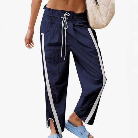 Women Casual Polyester Spandex Sweatpants Y2K Retro High Waist Side Stripe Drawstring Side Slit Straight Leg Track Bottom